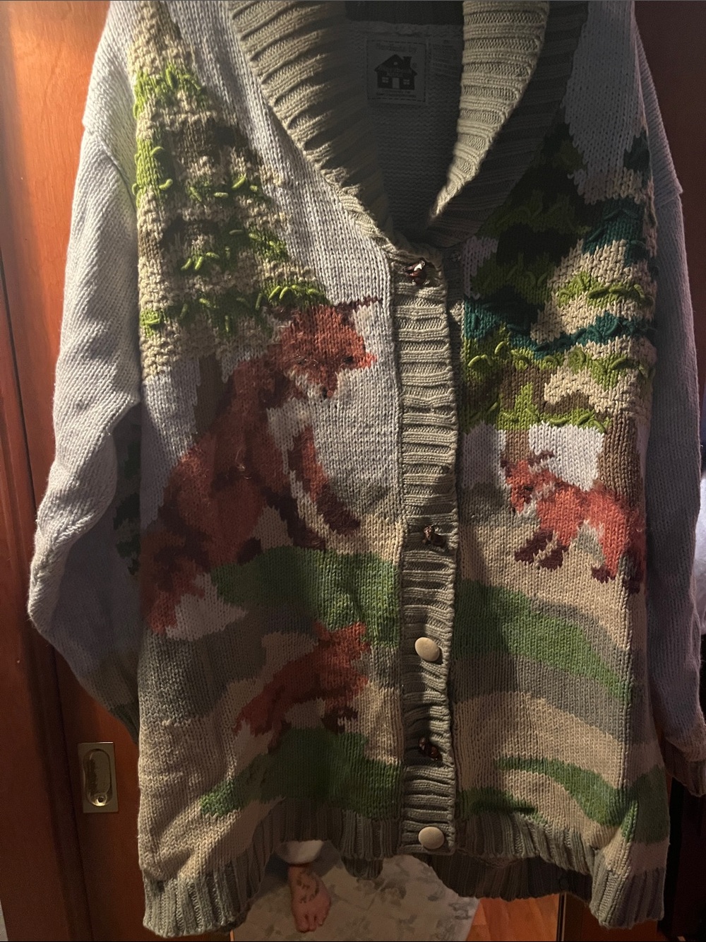 Storybook Knits Gray Woodland Fox Cardigan with Green and Brown Accents
